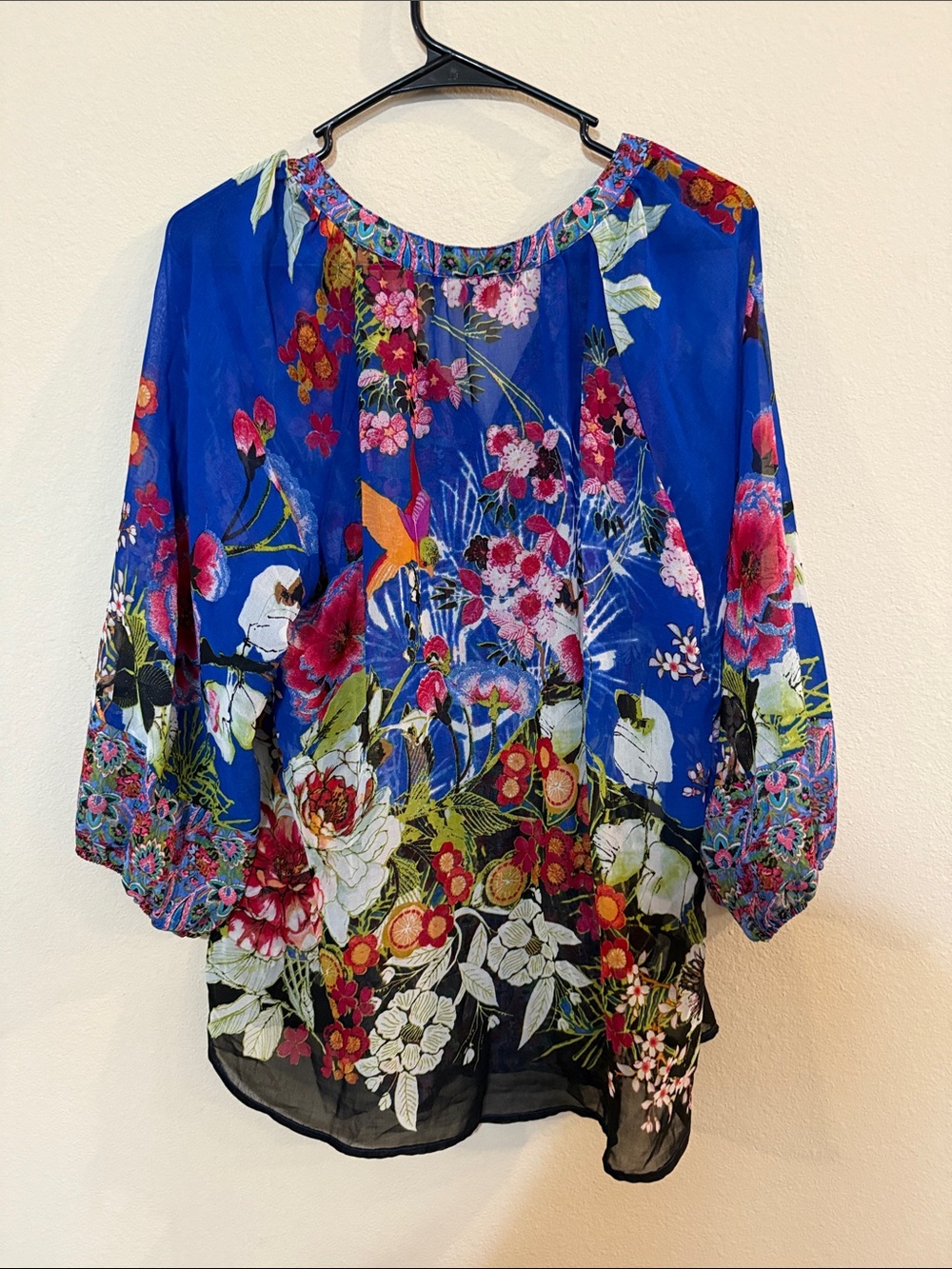 Bohemian Floral Split-Neck Blouse in Bright Blue - Picture 3 of 3